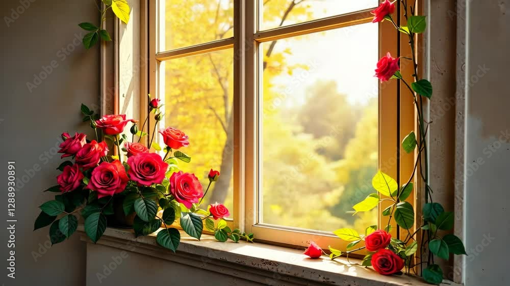Poster a window with a vase of red roses and green leaves. the roses are in the foreground and the leaves a