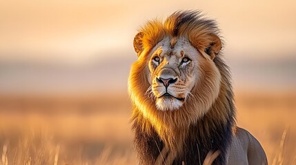 Majestic Lion With Flowing Mane Resting in Golden Savannah Grassland at Sunset in Africa