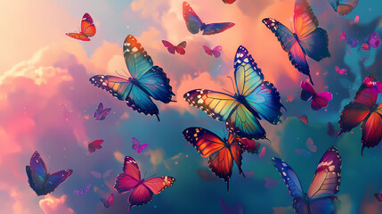 A colorful swarm of butterflies flutters in the sky, showcasing their iridescent wings. Iridescent Butterfly Swarm. Illustration
