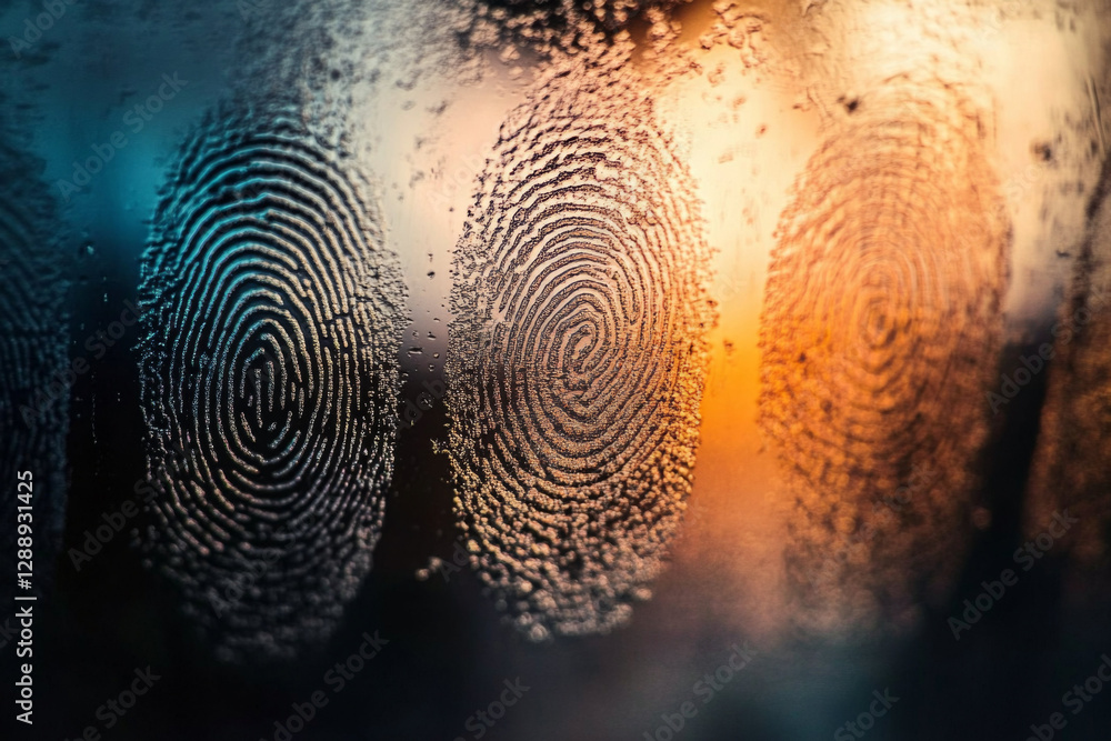 Aufkleber unique fingerprint patterns are visible on a foggy window as the sun sets, creating a beautiful blen