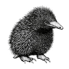 Vintage hand-drawn echidna, black sketch effect, animal print illustration, trendy old engraving style, creative wildlife art, white background, artistic animal decor