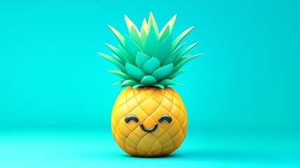 Cartoon pineapple emoji with a cute face and spiky green top isolate color background