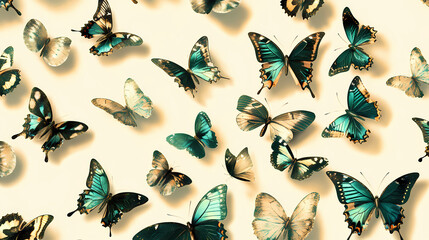 Fototapeta premium A swarm of butterflies with iridescent sheen in various shades of green and gold on a cream-colored background, tropical design, vibrant hues. Iridescent Butterfly Swarm. Illustration