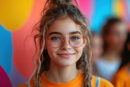 Smiling girl with glasses in vibrant setting during promotional event