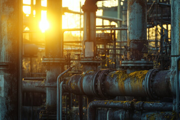 Fototapeta premium Rusty industrial pipes stand tall in an abandoned factory as the golden sun sets in the background, casting warm light on the weathered structures. Generative AI