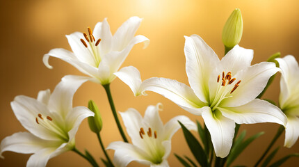 Fototapeta premium White lilies in bloom against a golden background