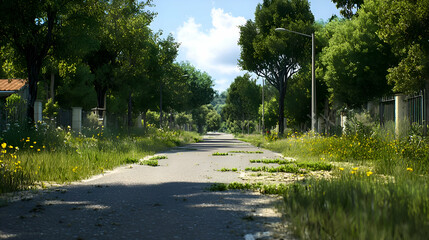 Overgrown Road Through a Deserted Village on a Sunny Day