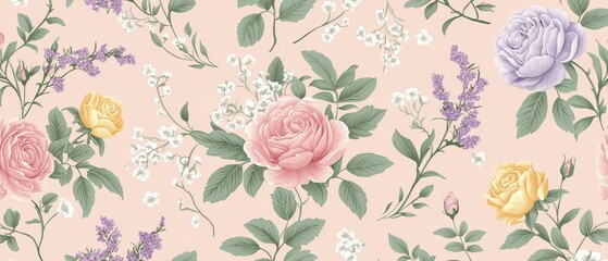 Romantic Pastel Spring Background. Floral pattern with pastel roses and greenery
