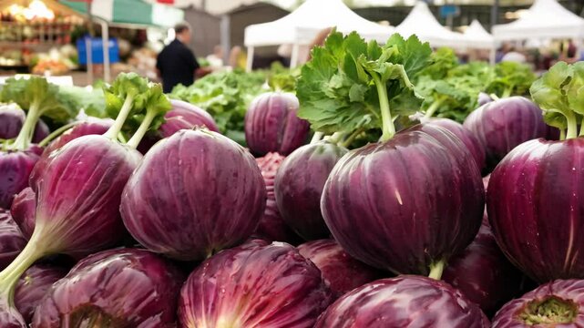 Close-up, soft diffused lighting, pan left establishing video of smooth, round, vibrant purple beets with skin neatly placed in rows at farmer's market