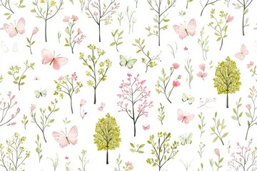 Romantic Pastel Spring Background. Floral pattern with trees and butterflies