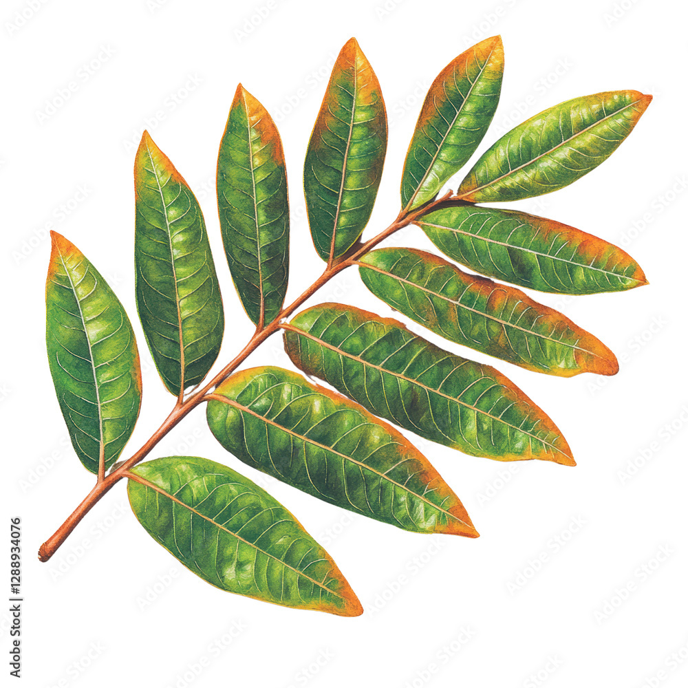 Poster close-up of a green leaf with orange spots showcasing unique color patterns in nature isolated on tr
