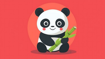 Fototapeta premium Chibi panda emoji sitting with big eyes and holding bamboo isolate other color background