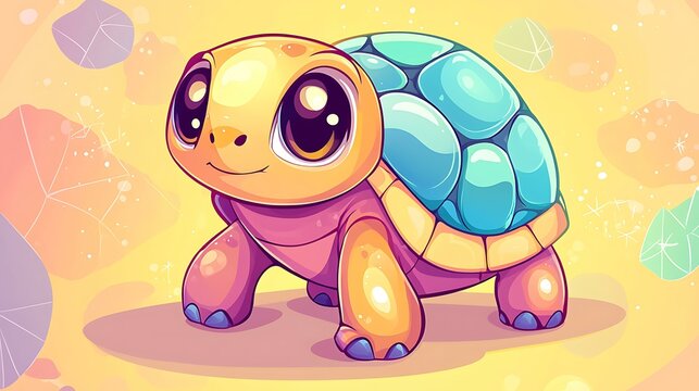 Chibi turtle emoji walking slowly with a cute shell pattern isolate other color background
