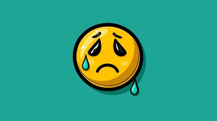 Crying face emoji minimal flat design with teardrop falling isolate other color background