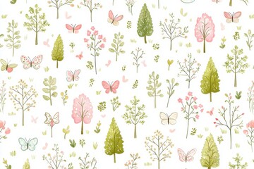 Romantic Pastel Spring Background. Nature-themed illustration with trees and butte...