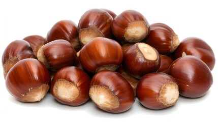 Freshly Harvested Brown Chestnuts Piled Together on a White Background