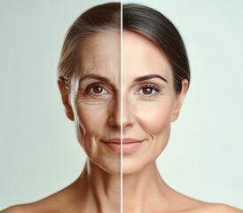 Mature woman posing before and after facelift, with face fitness results, showcasing plastic surgery transformation, against a neutral background