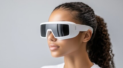 Fototapeta premium Close-up, a young woman wearing futuristic white smart glasses, looking towards the distance with a serious expression.