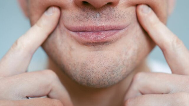 Man Forcing Smile Close-up - Male Using Fingers to Turn Frown into Smile - Concept of Fake Happiness and Emotional Struggle - Mental Health Visual