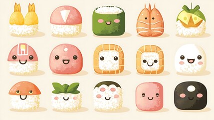 Sushi emoji minimal flat design with rice, fish, and seaweed isolate other color background