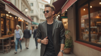 Fototapeta premium Stylish man walking in city street, wearing sunglasses and blazer