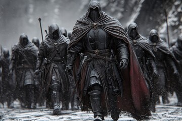 Fototapeta premium A hooded army marches through a snowy landscape, their dark armor blending with the winter scene.