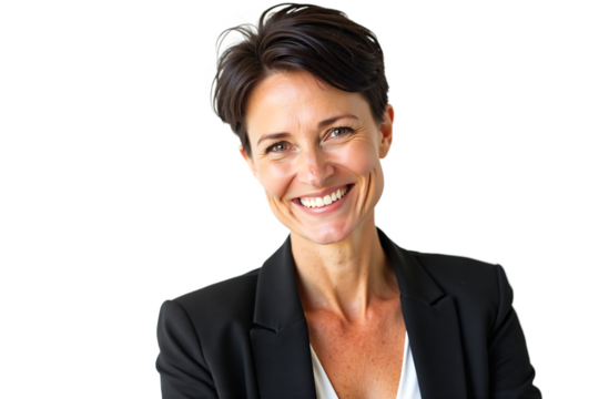 Executive businesswoman portrait. Smiling mature woman in blazer isolated on white background for corporate website, profile picture, or marketing. Isolated on transparent background.