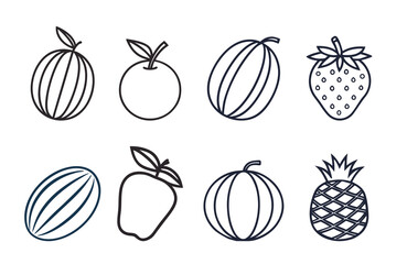 Line icons about fruits. Contains such icons as apple, strawberry, watermelon and more. Editable vector stroke.