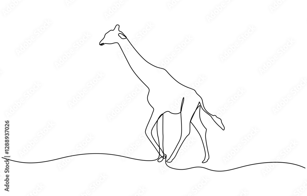 Poster continuous single line sketch drawing of wild giraffe, continuous one line drawing of giraffe with w