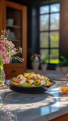 Naklejka premium Sunlit kitchen counter, healthy salad, flowers, window view. Use Food blog, recipe website