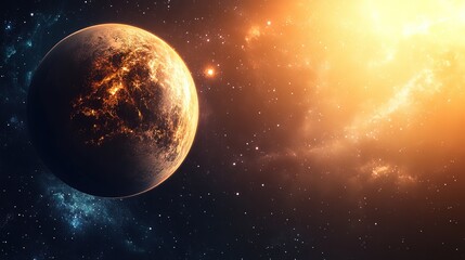 Fototapeta premium Earth-like Planet with Glowing Atmosphere in Deep Space, Exoplanet Discovery Concept
