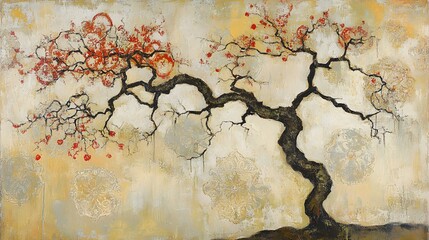 Abstract Silhouette of a Black Tree with Red Leaves on a Gold Textured Background