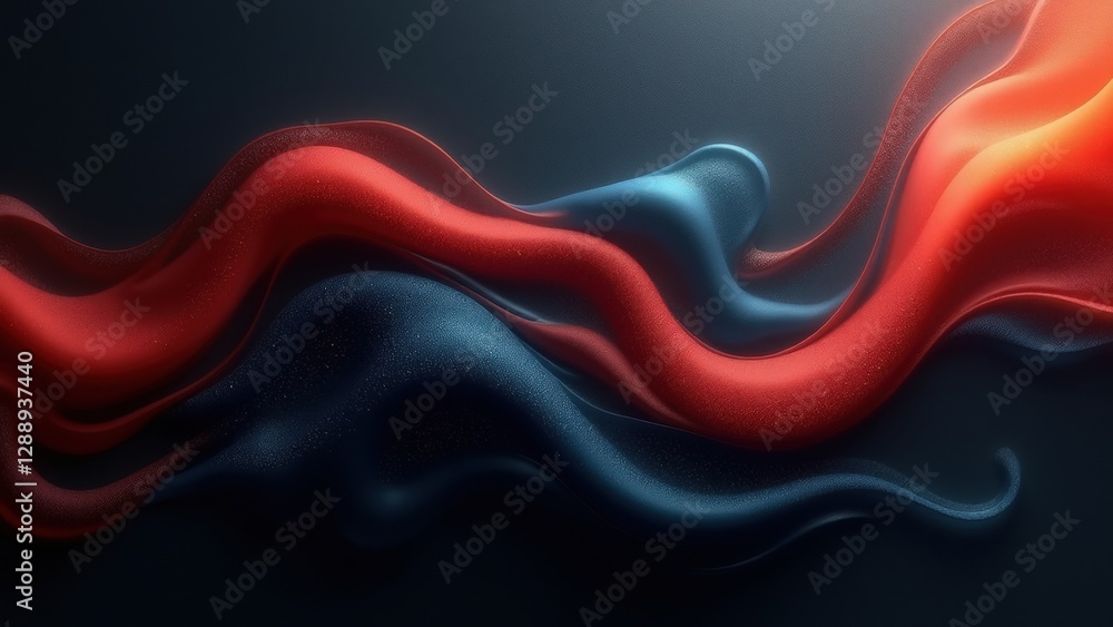 Poster red and blue abstract waves create depth on a blurred background, showcasing smooth curves and textu
