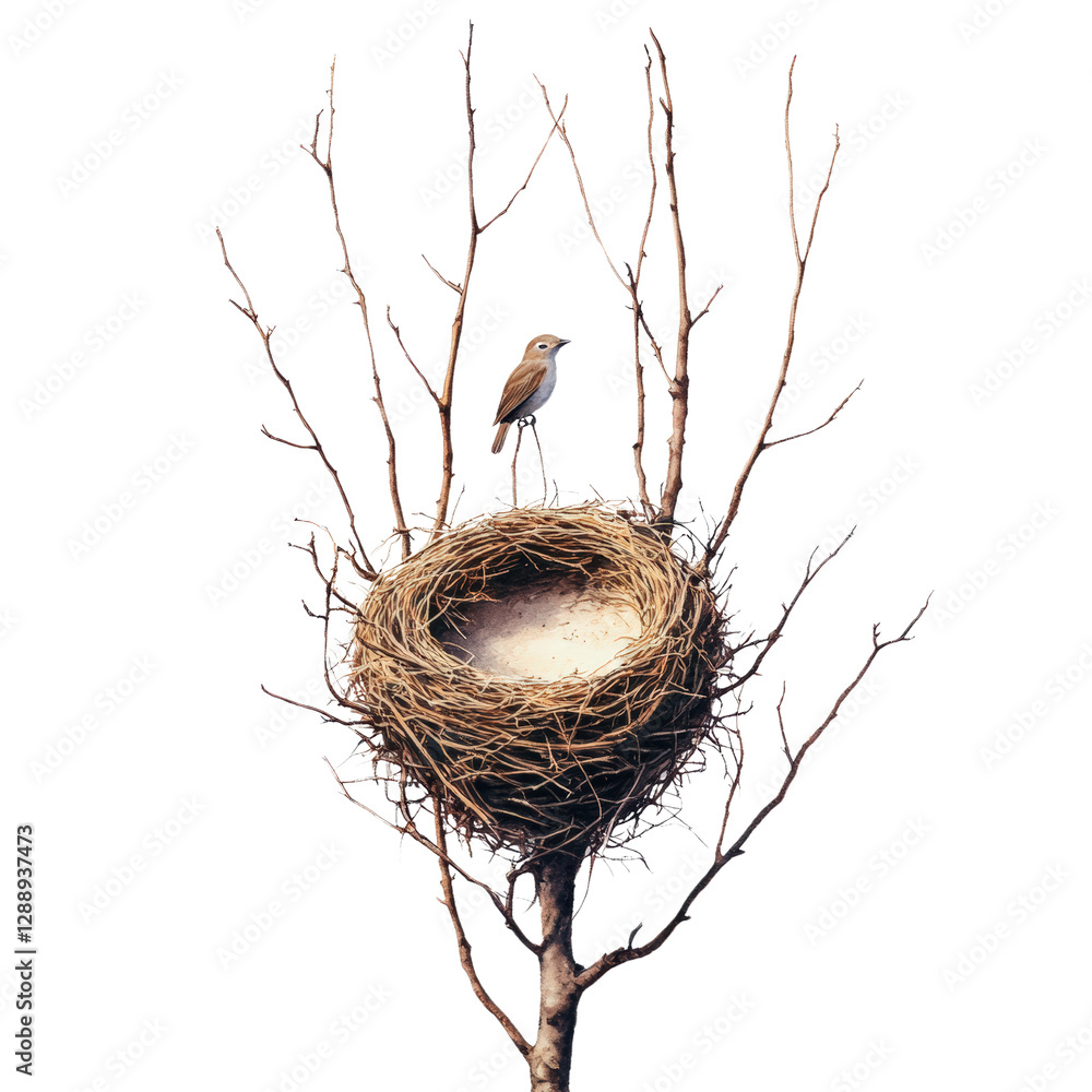 Poster bird sitting on top of a nest with natural background and greenery in daylight isolated on transpare