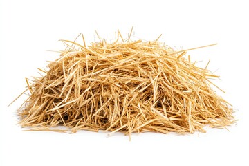 Pile of dry straw hay isolated on white background close up