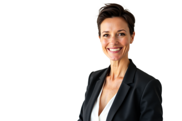 Businesswoman portrait, executive manager smiling isolated on transparent background. Professional headshot for corporate website, profile picture or marketing material. Mature woman in blazer.