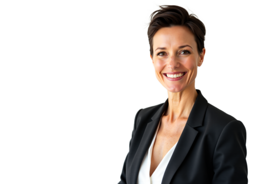 Businesswoman portrait, executive manager smiling isolated on transparent background. Professional headshot for corporate website, profile picture or marketing material. Mature woman in blazer.