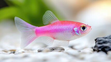 Fototapeta premium Pink fish swimming aquarium, white gravel background
