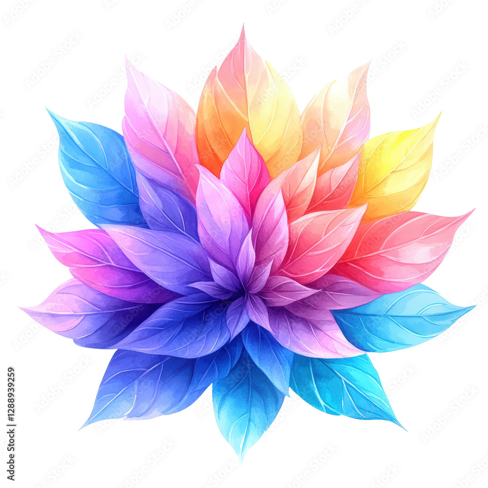 Poster colorful flower with green leaves displayed on a solid black background for artistic and design purp