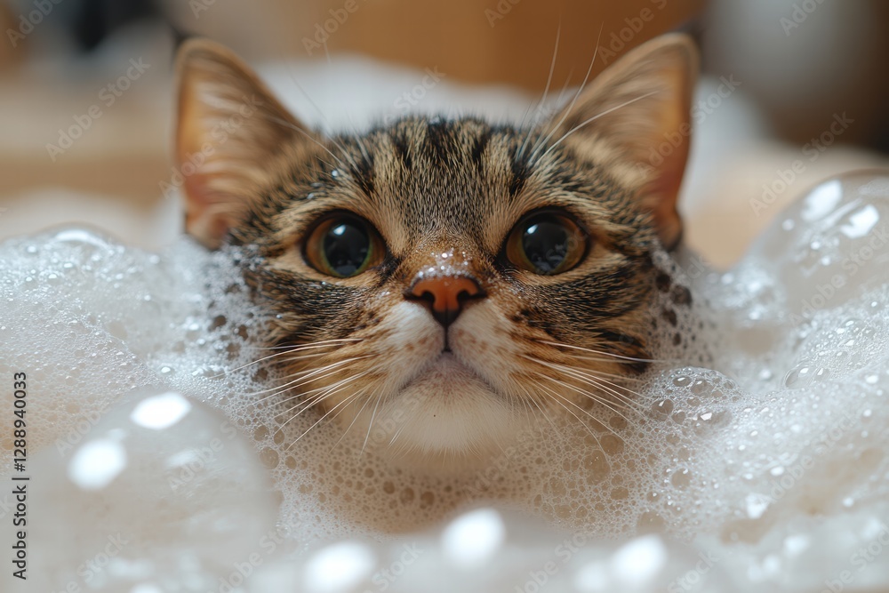 Poster cat enjoys a small bubble bath with bubbles surrounding its face and ears