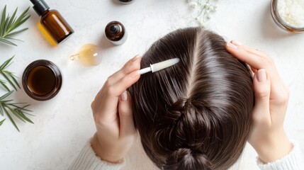 Fototapeta premium Hair restoration therapy performed at home with a professional kit. Featuring convenience and comfort