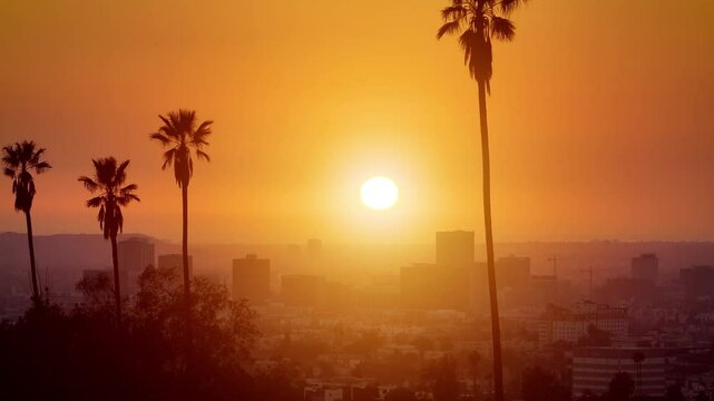 Aerial shot of the setting sun behind a row of palm trees. Los Angeles California.