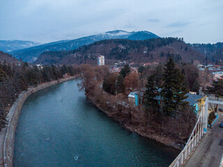 Aerial view on  RIVERBANKS of Kura river INCLUDE ILLUMINATED Borjomi park © Marat Lala