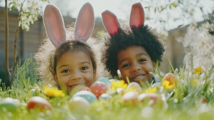Two smiling girls wearing bunny ears are lying on grass next to colorful easter eggs and spring flowers	