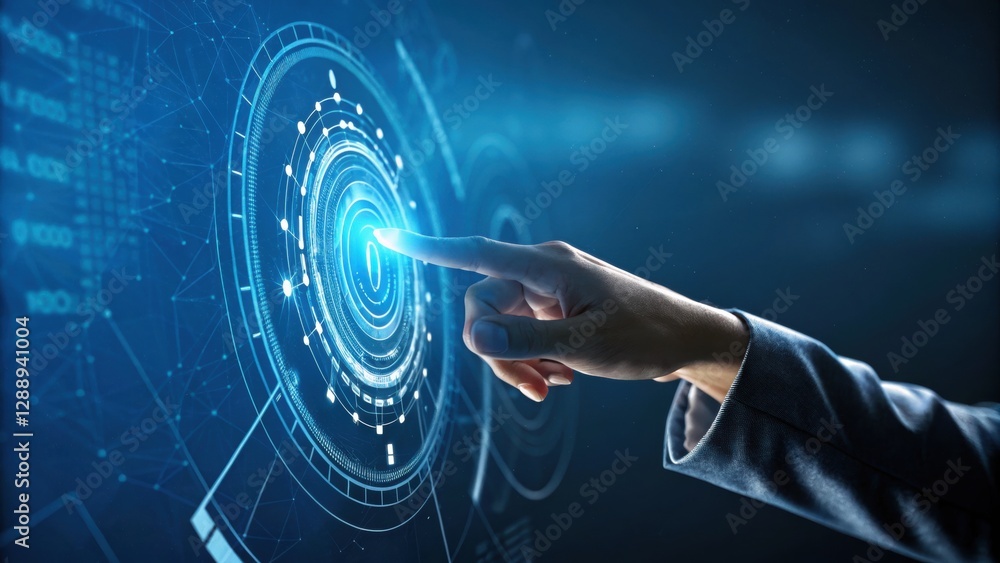 Poster pressing the future: a hand presses a digital interface, creating a futuristic glow, symbolizing inn