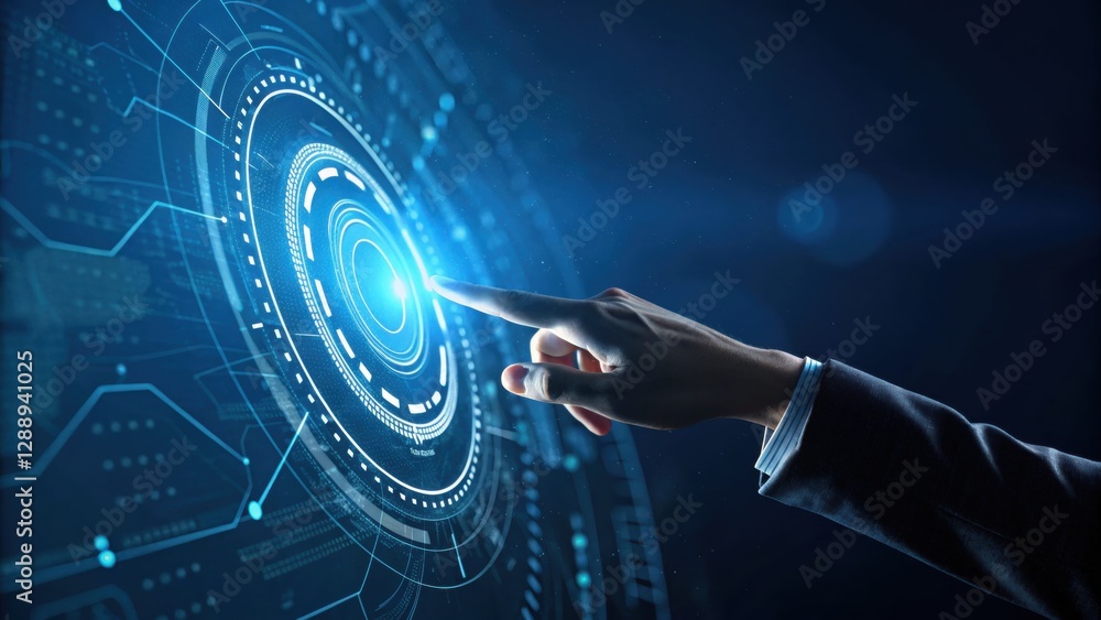 Poster hand interacting with digital interface: a close-up shot of a hand pressing a virtual button on a gl