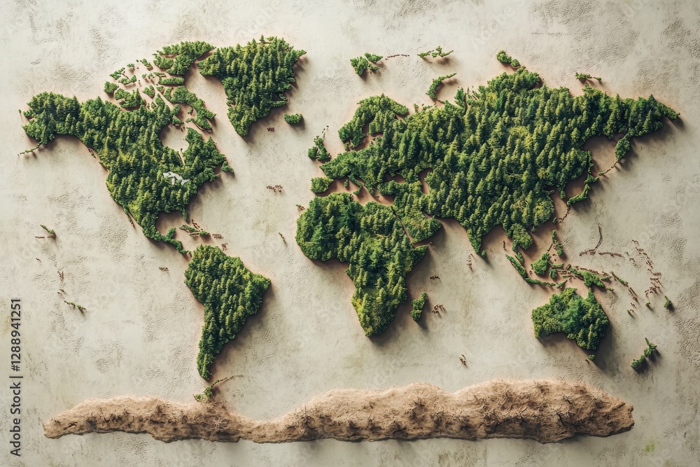 Poster world map created from trees illustrating global forest coverage and greenery