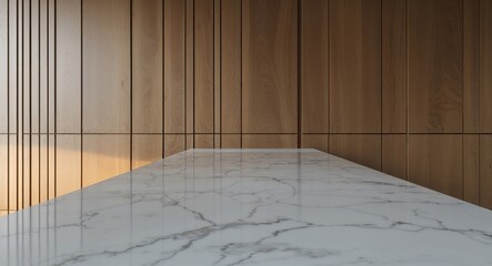 Marble white kitchen tabletop on wooden wall panels background with vertical slats