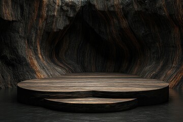 Circular wooden stage set against textured rocky backdrop, evoki