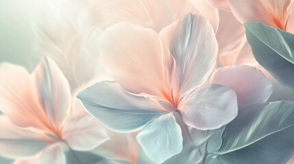 Fototapeta premium A pastel floral background with abstract petals in soft peach and lavender, surrounded by delicate green leaves, creating a gentle, artistic atmosphere.